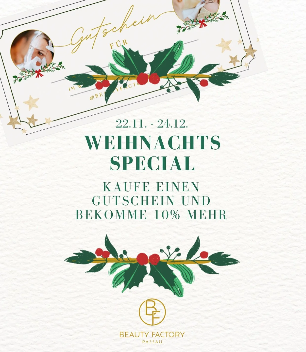 ✨ Weihnachtszauber in der Beauty Factory! ✨
Verschenke strahlende Haut &amp; Wohlf&uuml;hlmomente &ndash; und sichere dir bis 24.12. 10% mehr Wert auf jeden Gutschein. 🎁🤍 

Abholen bei uns im Studio oder ganz einfach per Post schicken lassen 🧚 

#