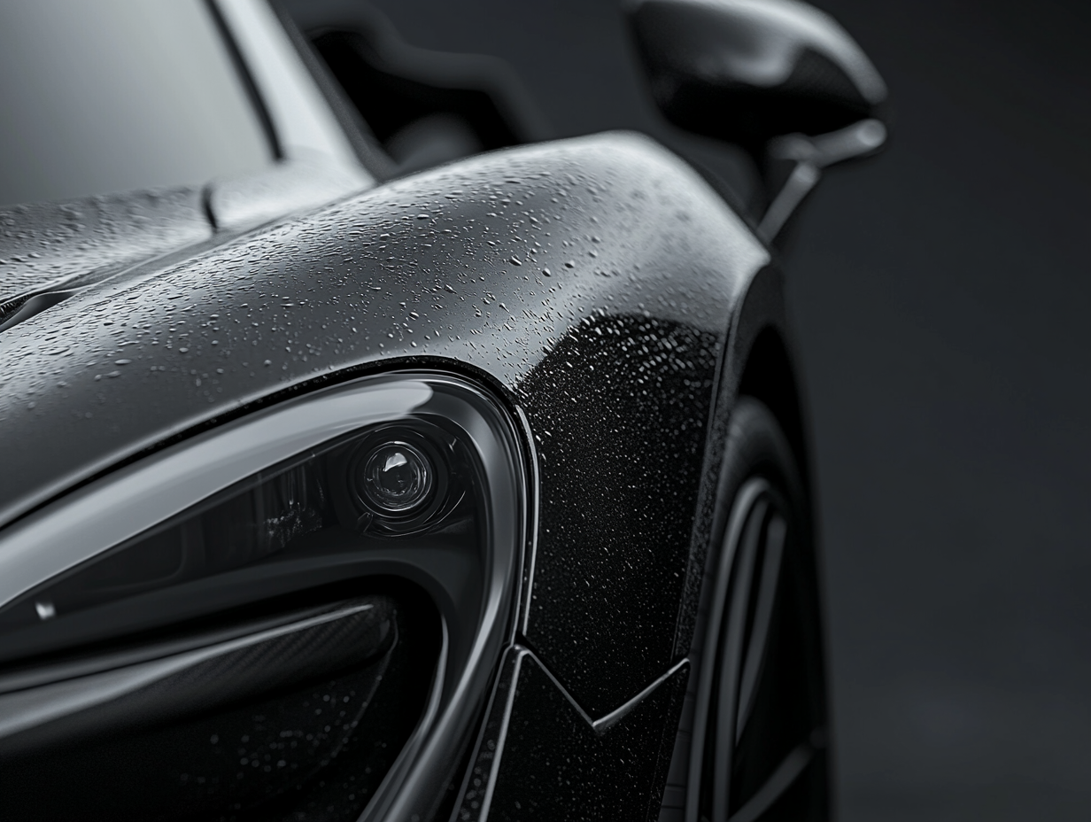 Close-up of a sleek, black sports car with raindrops on the surface.