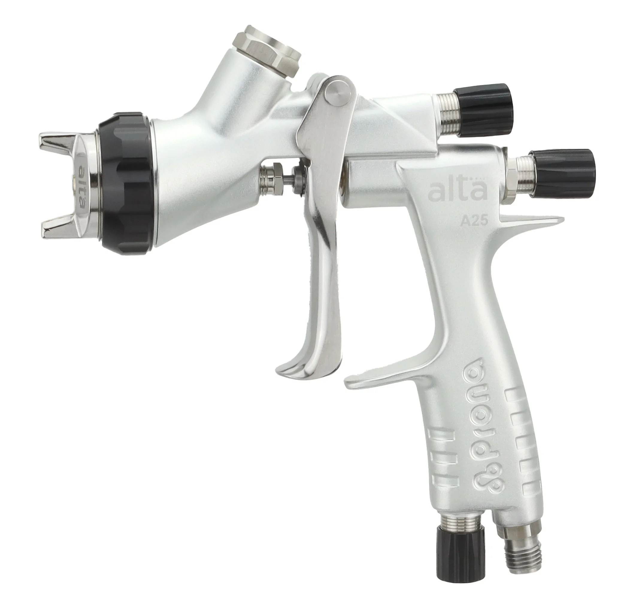 Silver paint spray gun with black adjustment knobs, labeled "alta A25 Prona."
