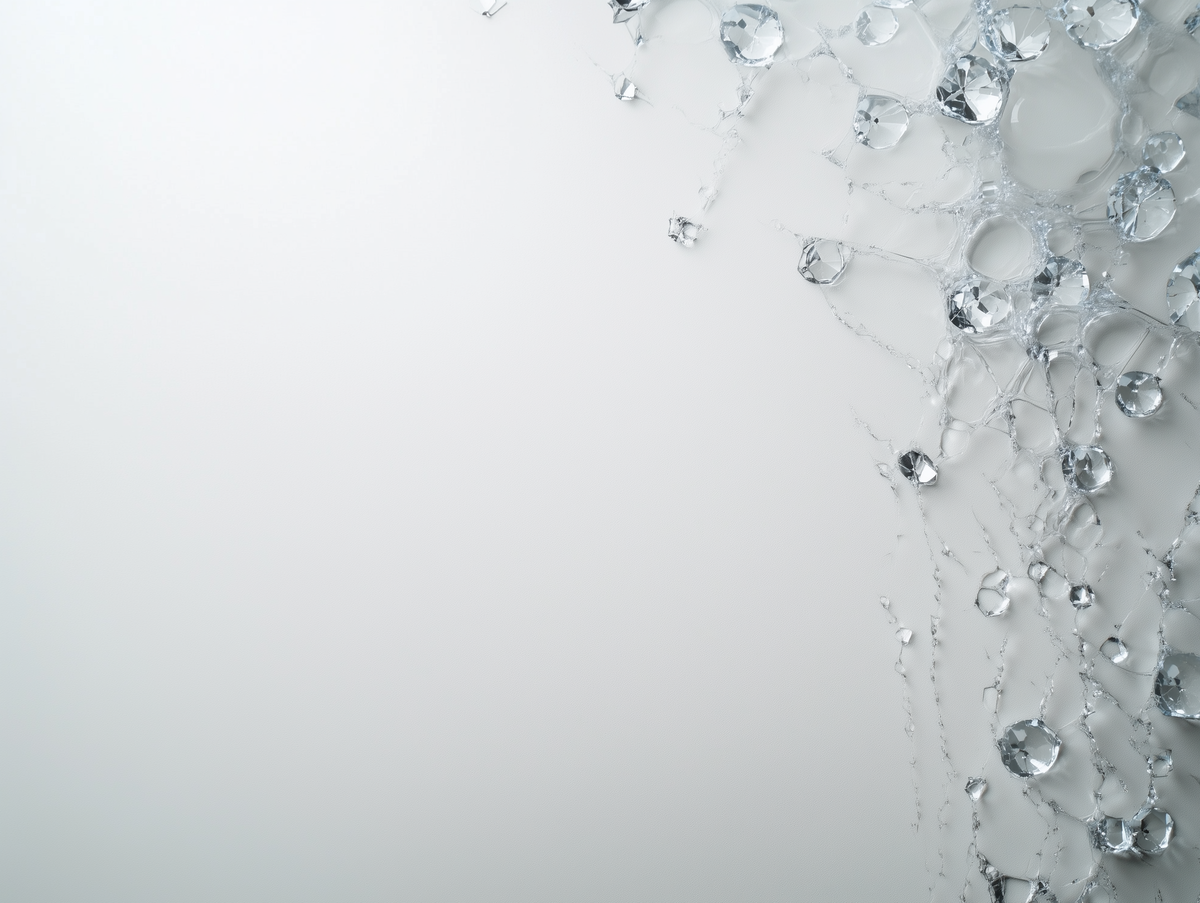 Abstract background with scattered transparent crystals and light gray space.