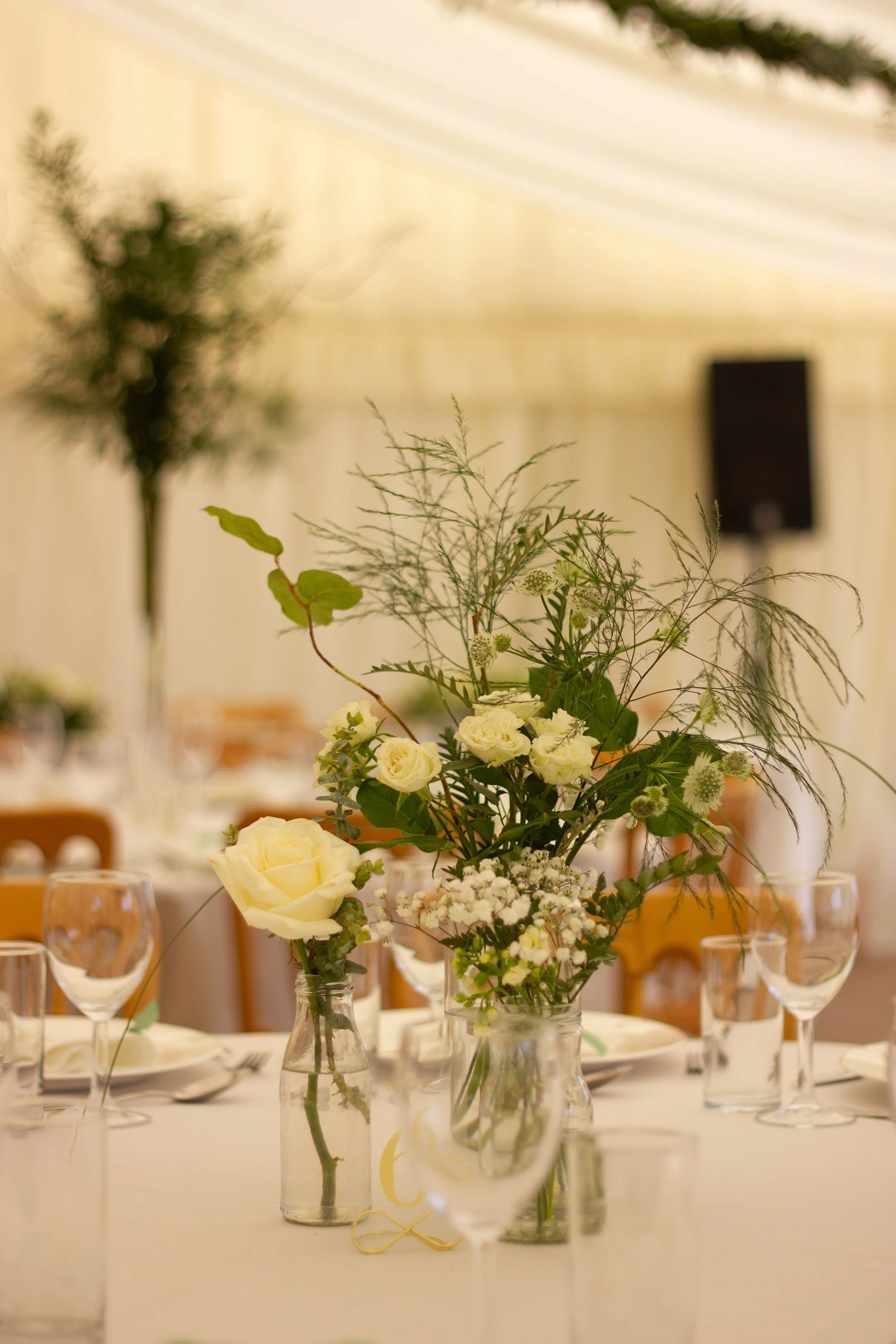 Elegant table centerpiece with white roses, baby's breath, and assorted green foliage in glass jars, set in a decorated event tent.
