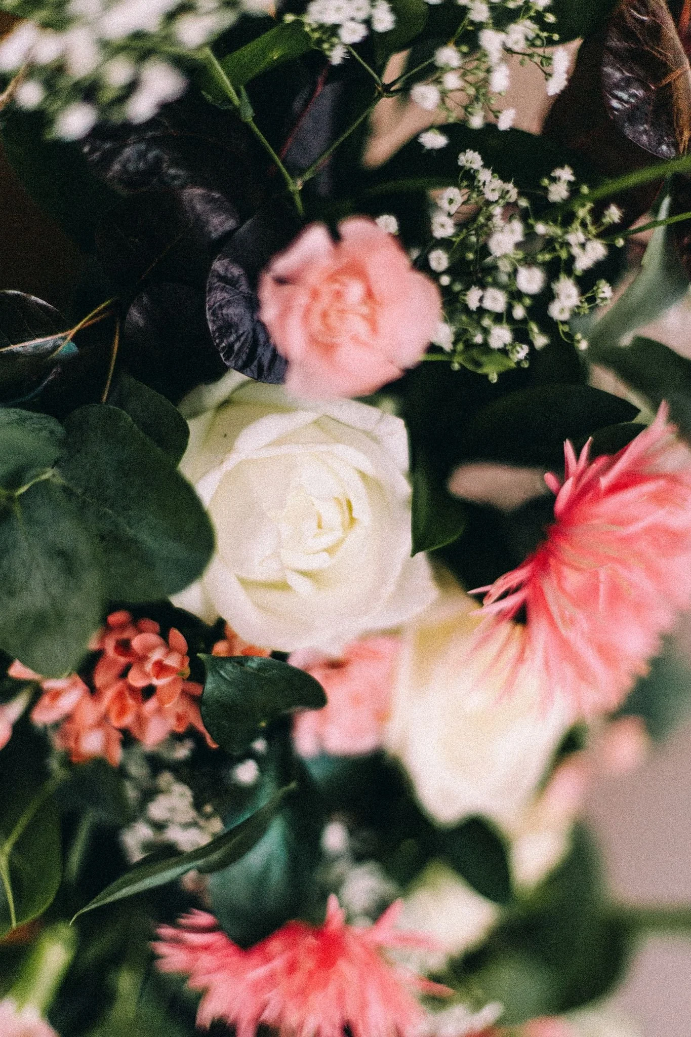 Close-up of a colorful bouquet of flowers including white roses, pink carnations, baby's breath, and pinkish-orange flowers, with dark green leaves.