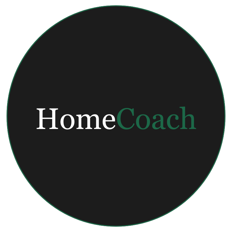 Logo with the words 'HomeCoach' on a black background, with 'Home' in white and 'Coach' in dark green.