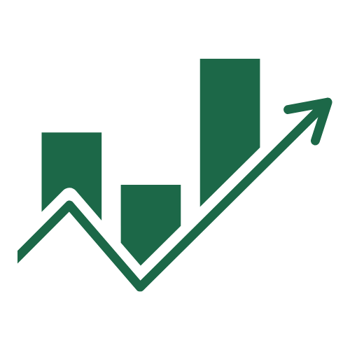 A financial chart showing increasing growth with data bars and an upward trending arrow