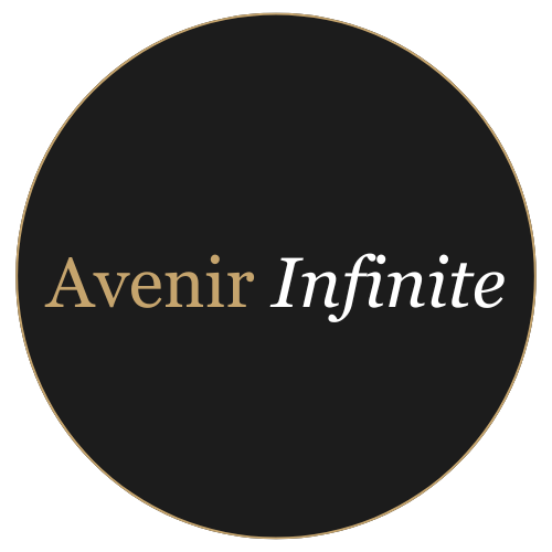 A circular logo with a black background and a gold border, featuring the text 'Avenir Infinite' in gold and white font.