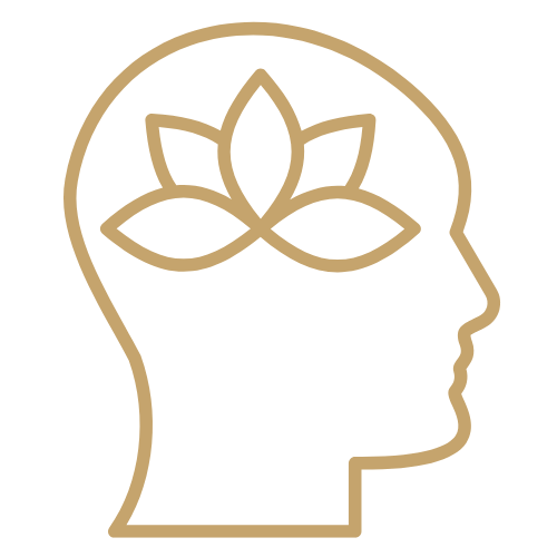Outline of a human head with a lotus flower inside the brain area, representing mental wellness or mindfulness.