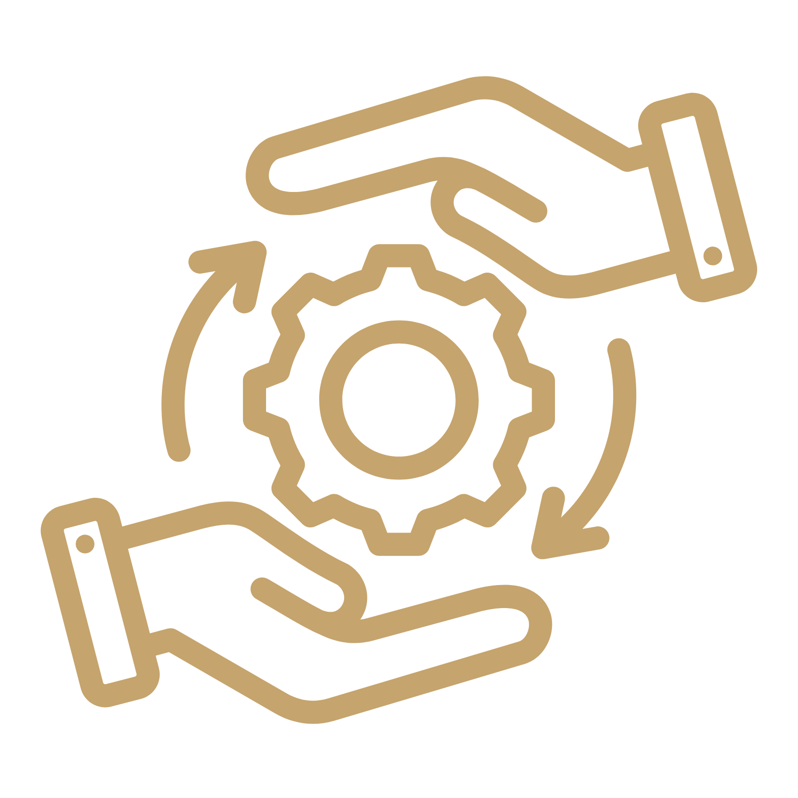 Two hands surrounding a gear with rotating arrows, symbolizing process or maintenance.