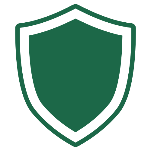 A shield icon with a simple, dark green outline and fill, symbolizing protection or security.