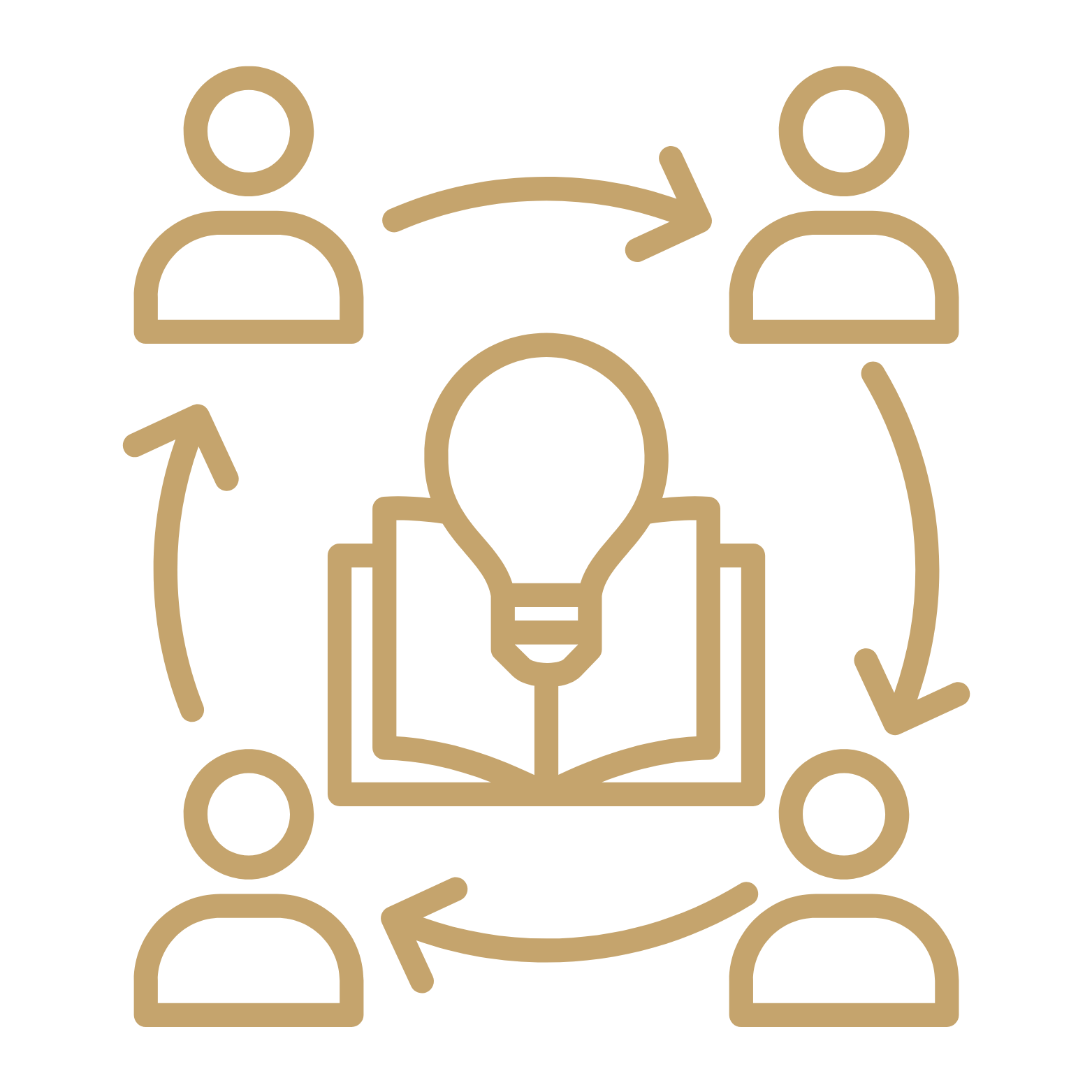 Diagram with four figures around a book and light bulb, connected by arrows symbolizing idea exchange or collaboration.