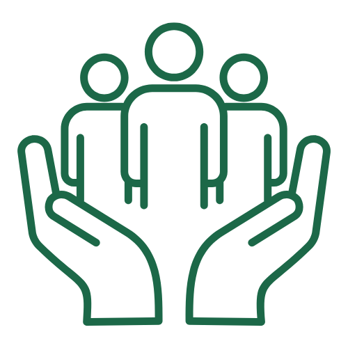 Outline icon of three people inside cupped hands, representing care or support.