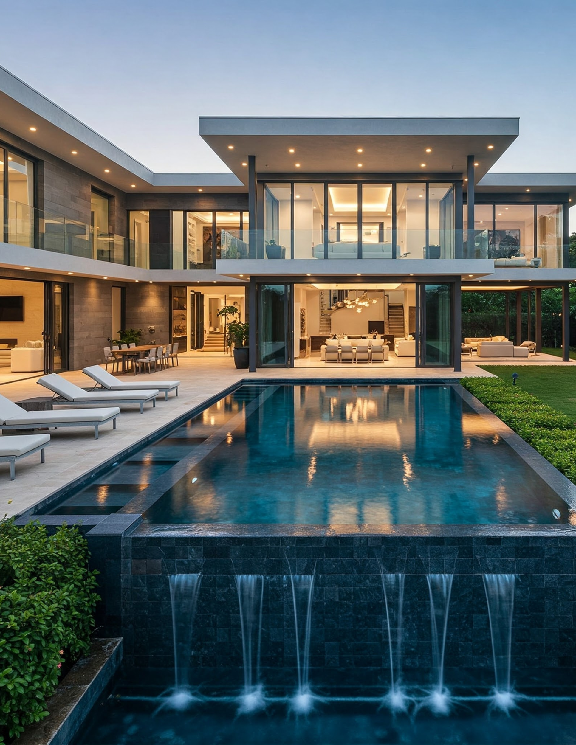 Modern multi-story house with large glass windows and a swimming pool with a waterfall feature in a landscaped yard at dusk.