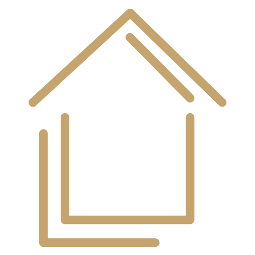 Outline of a house with a sloped roof and a rectangular door, drawn with beige lines on a black background.