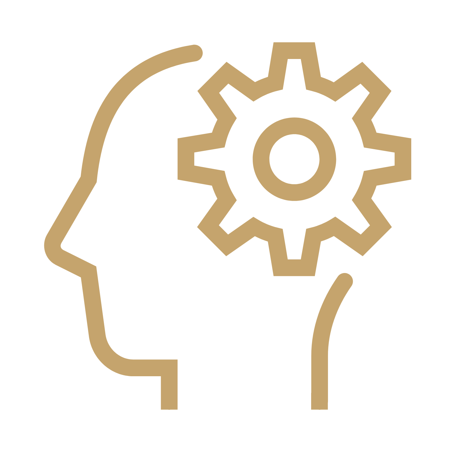 Silhouette of a human head with a gear symbol inside, representing thinking or brainstorming.