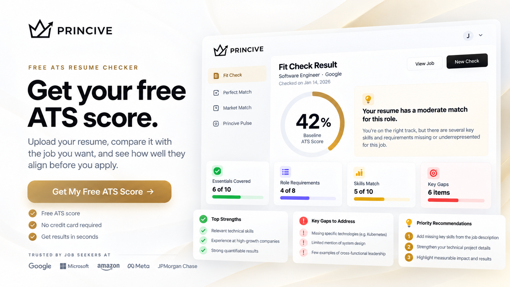 Princive Fit Check showing a baseline ATS score, essentials covered, role requirements, skills match, strengths and key gaps