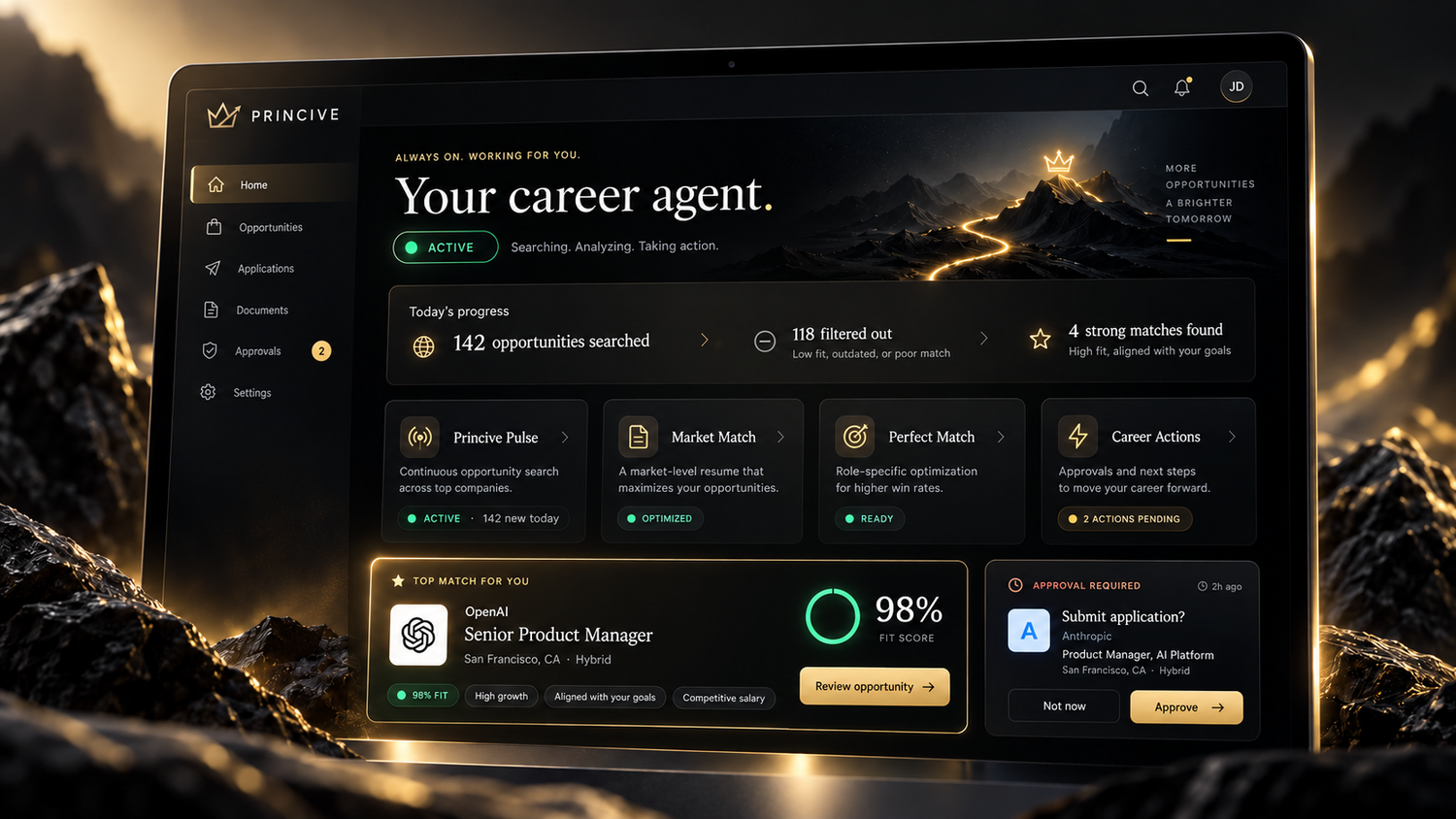 Princive AI dashboard showing search, Market Match, Perfect Match and career actions