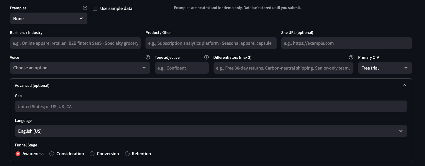 A digital interface for creating ad campaigns, Instant Campaign by Princive, featuring fields for business industry, product offer, site URL, voice options, tone adjectives, differentiators, primary call-to-action, geographic location, language.