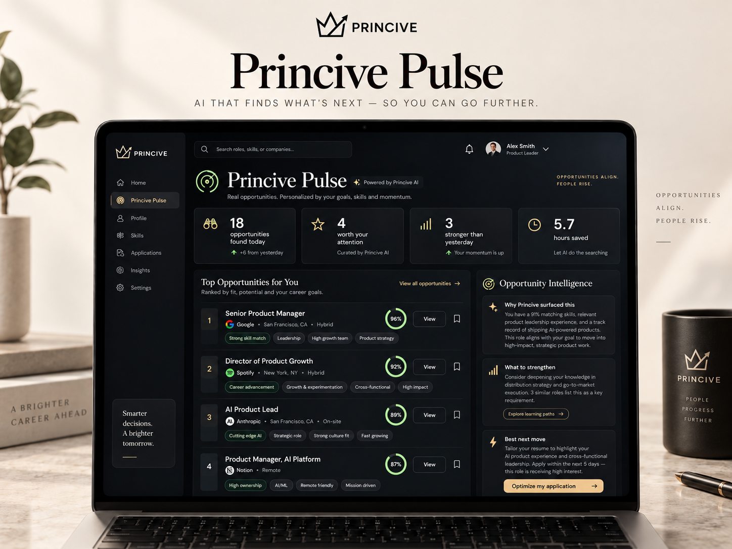 Princive Princive Pulse showing ranked job opportunities, match scores and personalized career intelligence