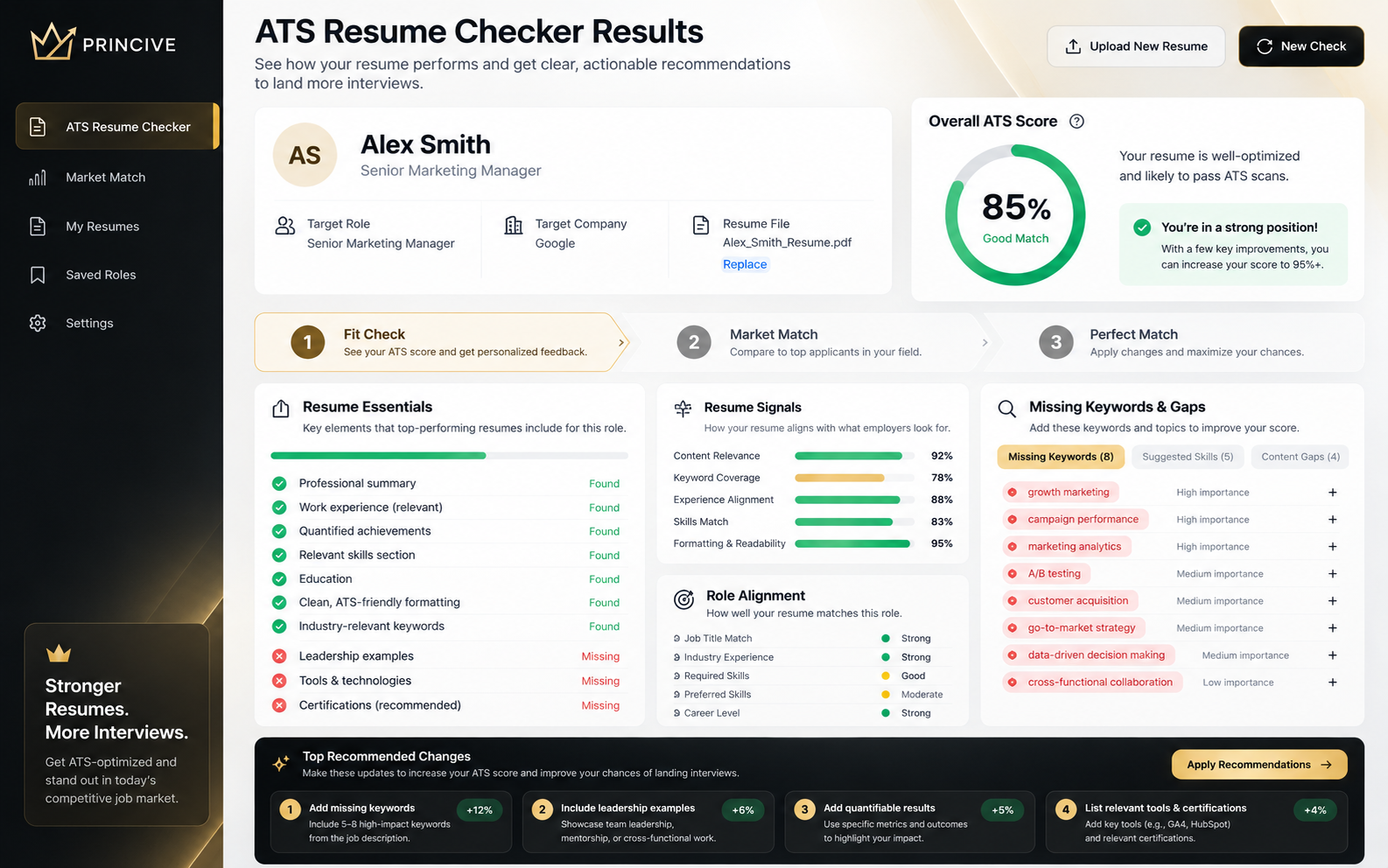 Princive Fit Check results showing ATS alignment, essentials covered and opportunities to improve