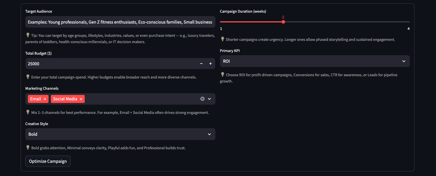 Digital marketing campaign setup interface showing target audience, campaign duration, total budget, primary KPI, marketing channels like Email and Social Media, creative style, and an optimize campaign button.
