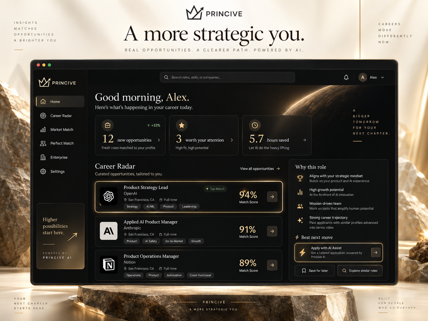 Princive Career Radar showing personalized career opportunities, match scores and recommended next actions