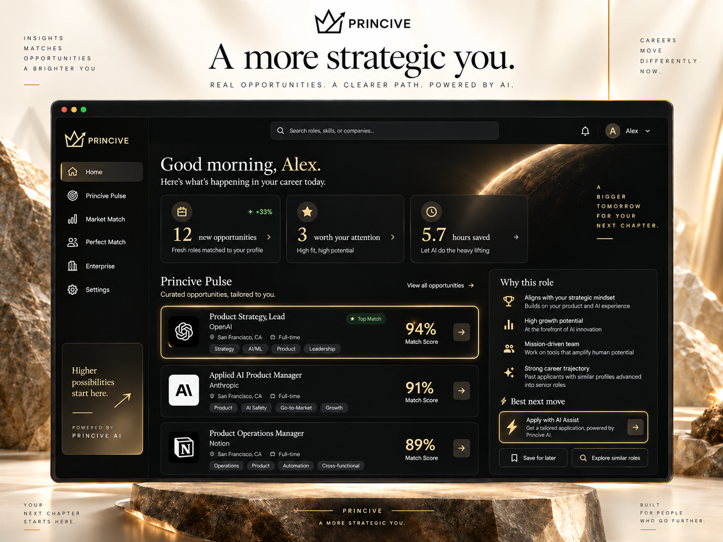 Princive Pulse showing personalized career opportunities, match scores and recommended next actions
