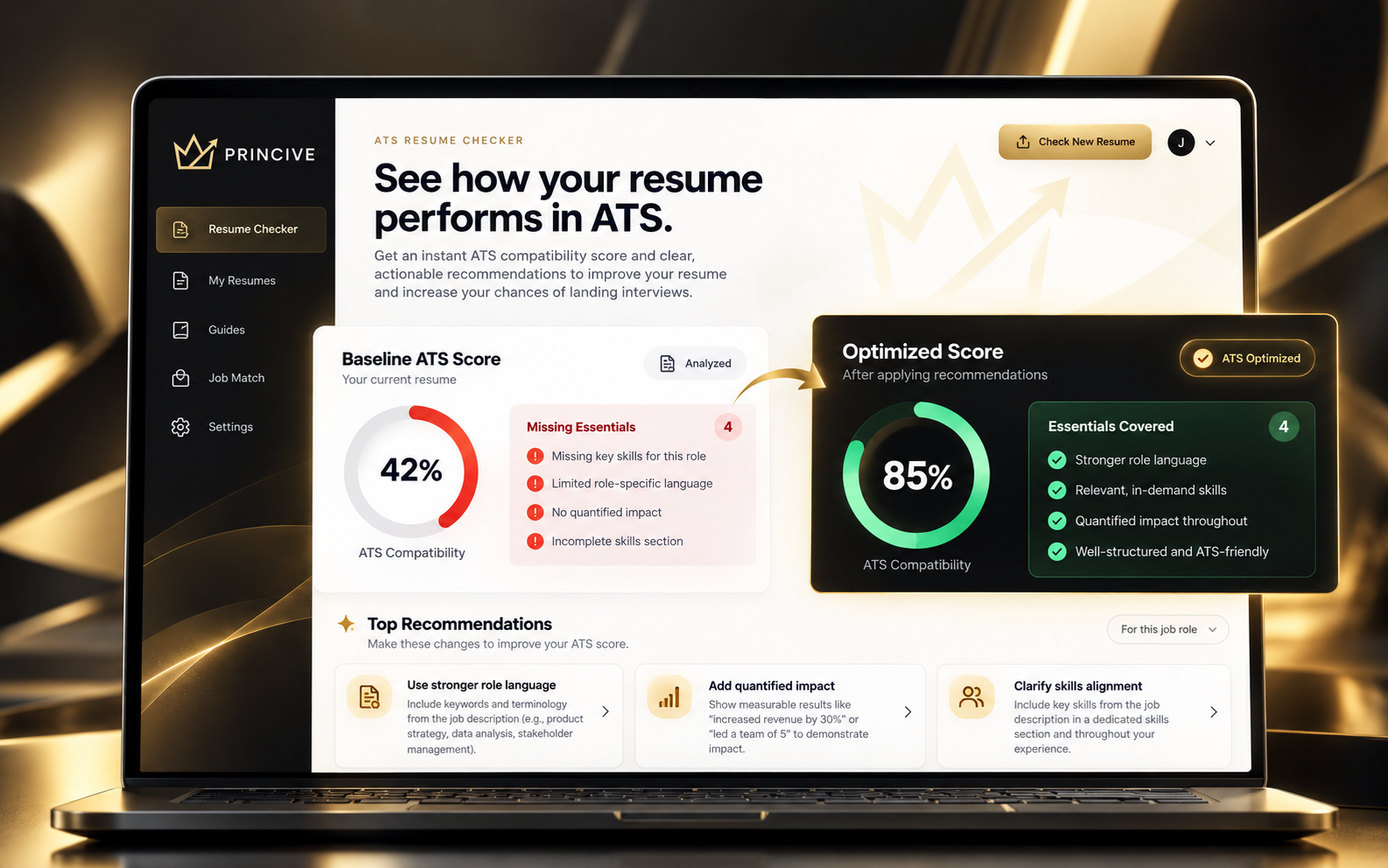 Princive ATS Resume Checker showing baseline and improved ATS alignment