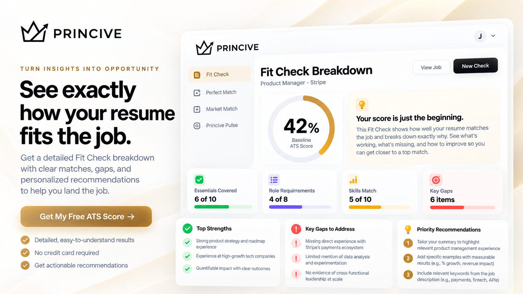 Princive Fit Check breakdown showing baseline ATS score, essentials covered, role requirements, skills match, strengths, key gaps and priority recommendations