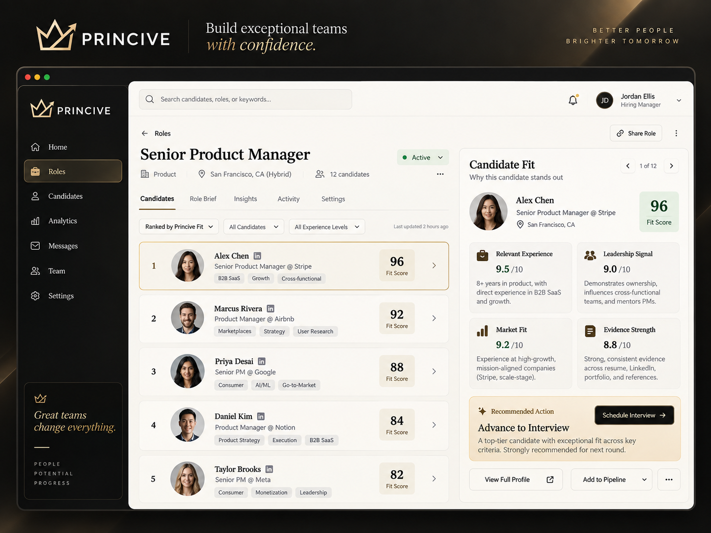 Princive Enterprise showing ranked candidates, candidate fit scores and fit reasoning for an open role