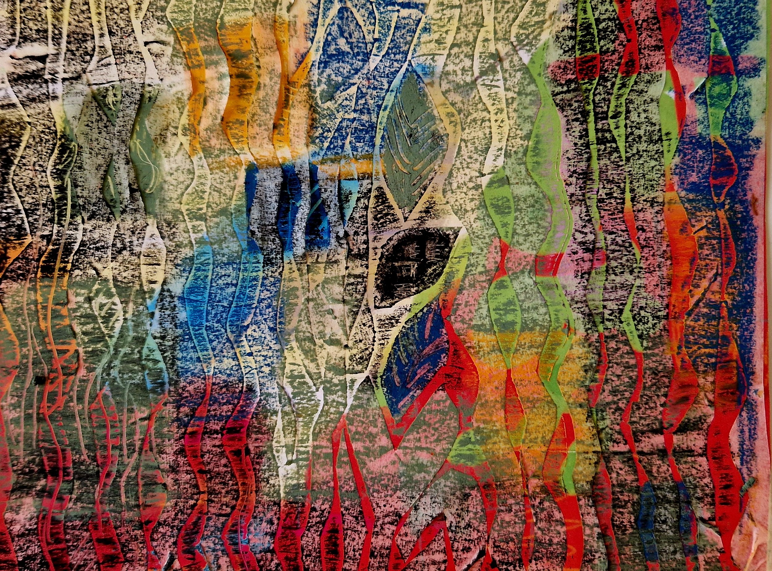 Framed  collage with oil pastel. Forest Fire Two