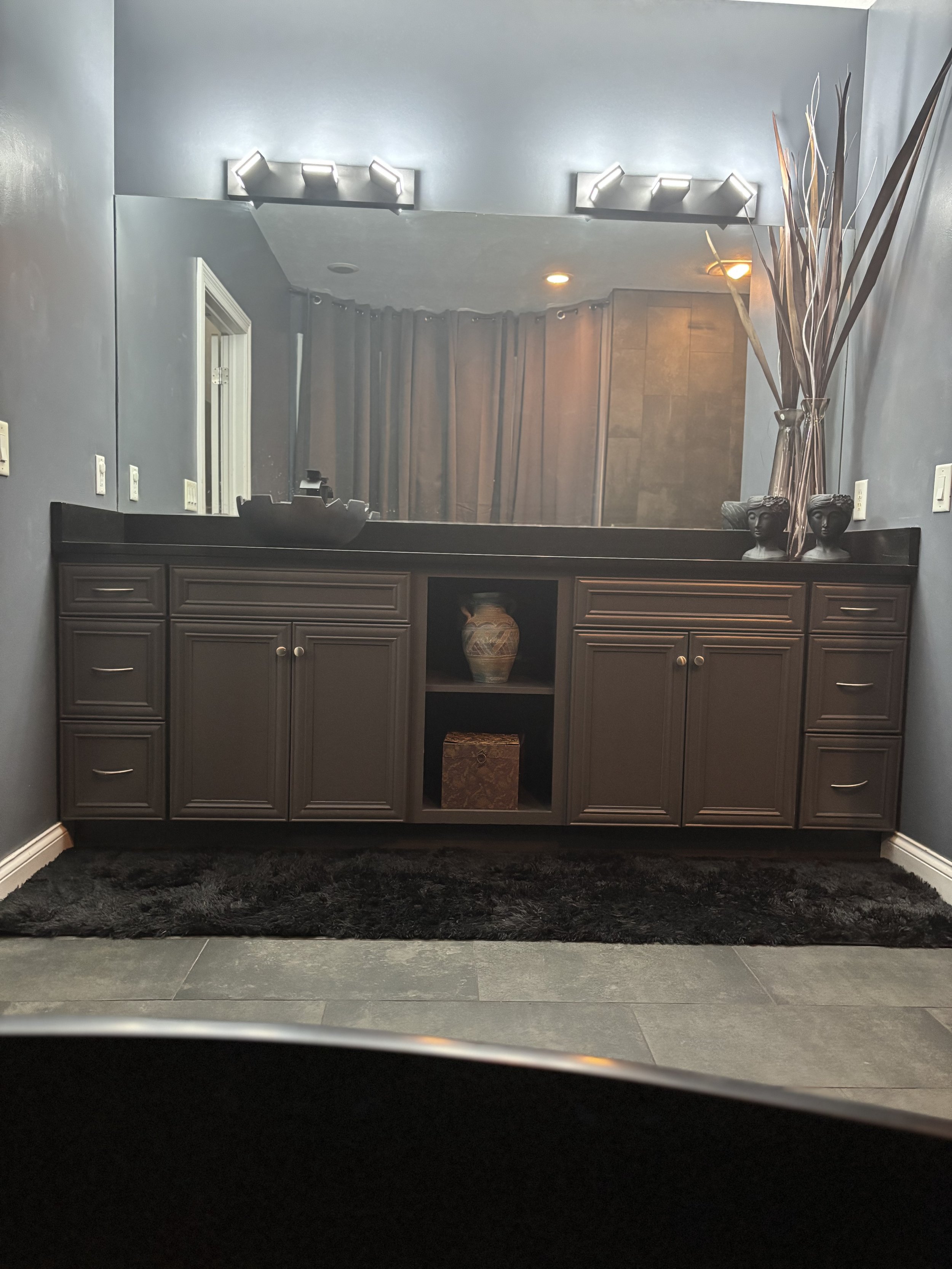 custom bathroom cabinetry Dayton Ohio luxury vanity installation dark wood finish remodel