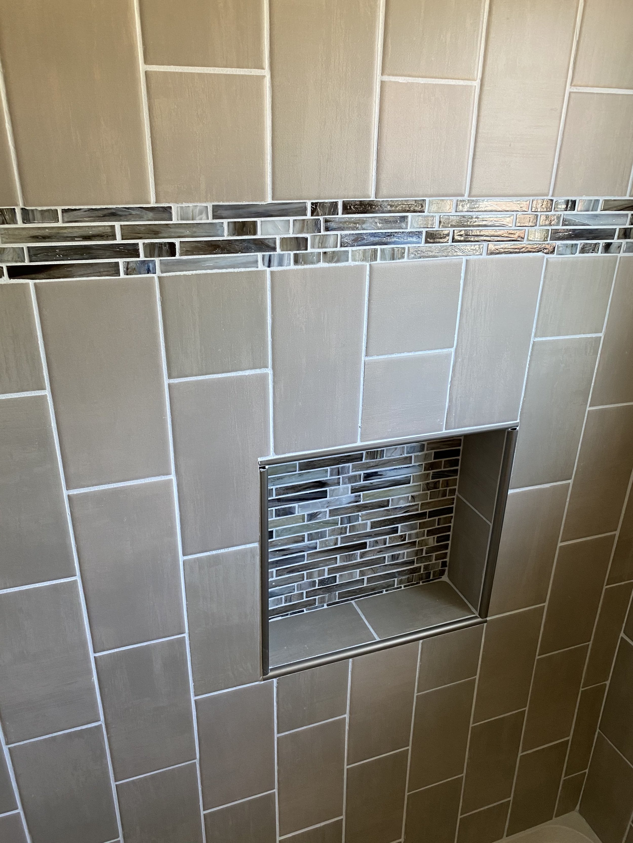 custom tile shower niche Dayton Ohio built in shelving modern bathroom tile design