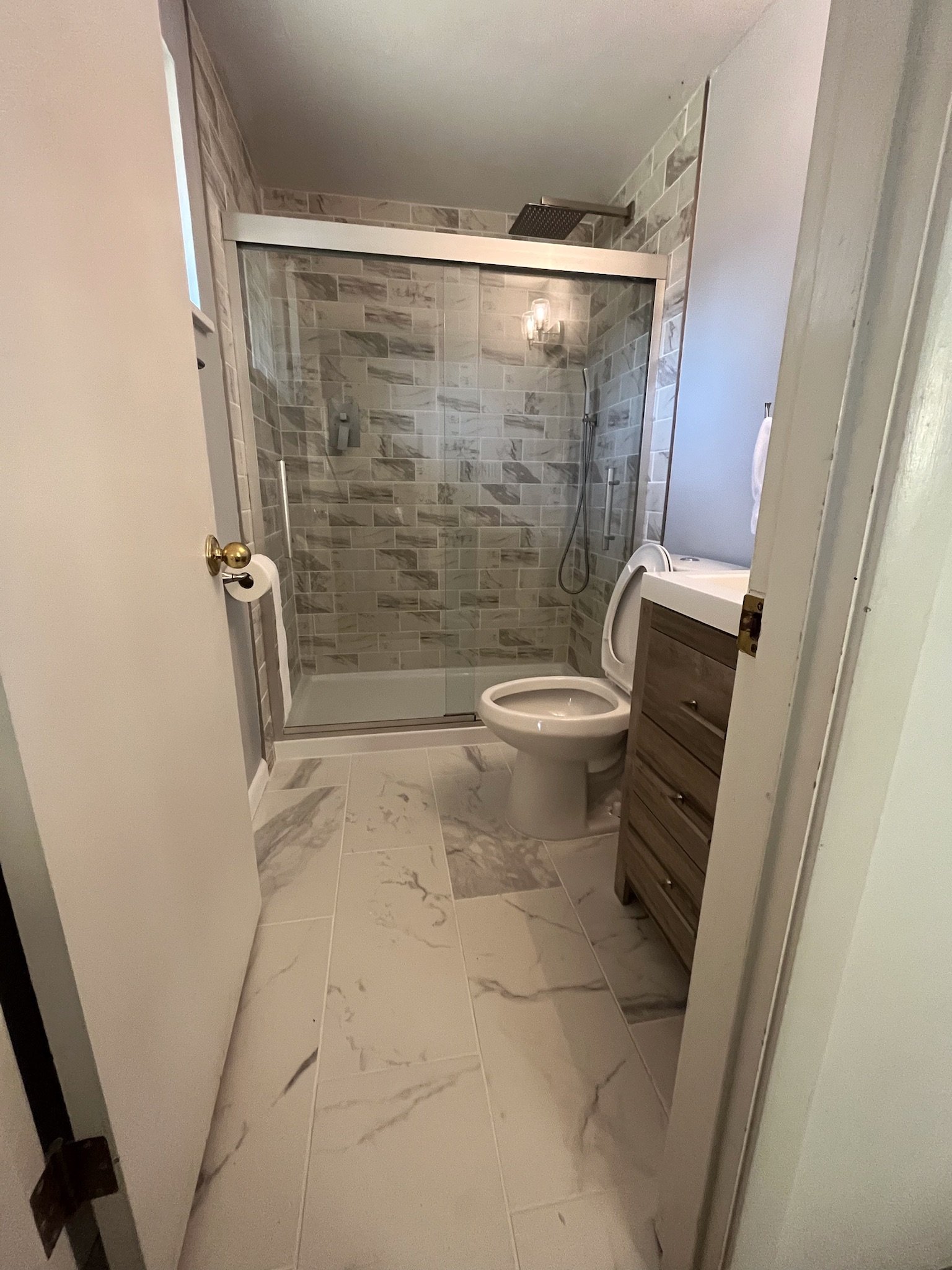 small bathroom renovation Dayton Ohio tile shower glass enclosure and new vanity
