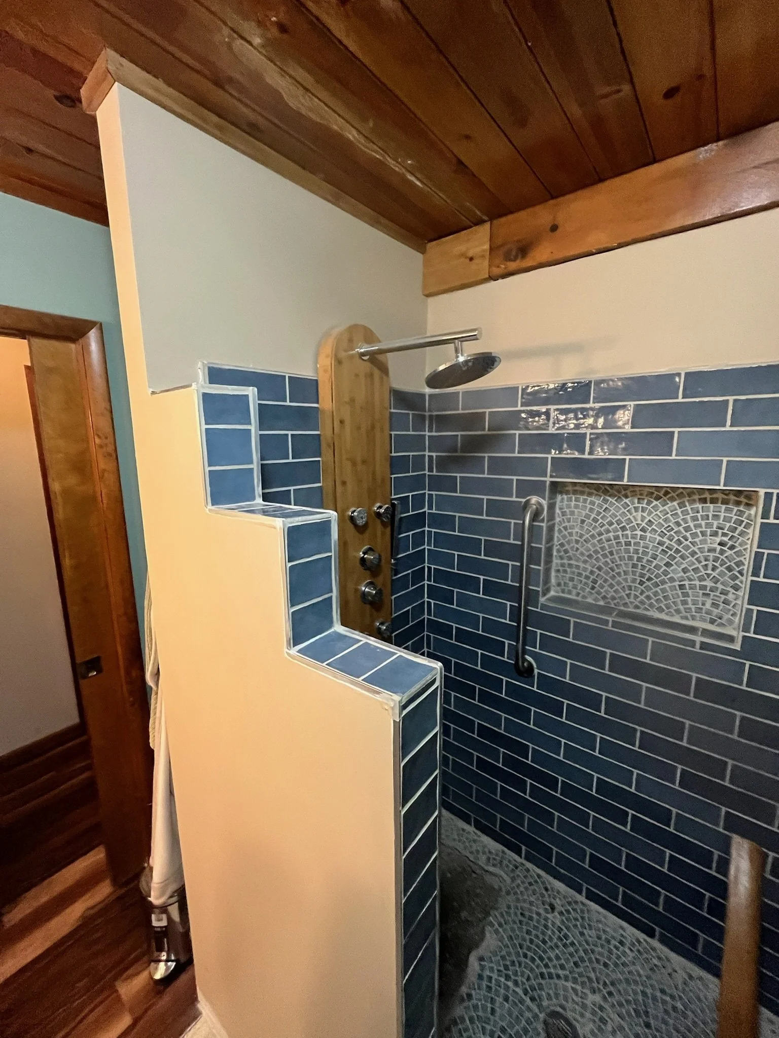 outdated shower before remodel Dayton Ohio blue tile walk in shower renovation before