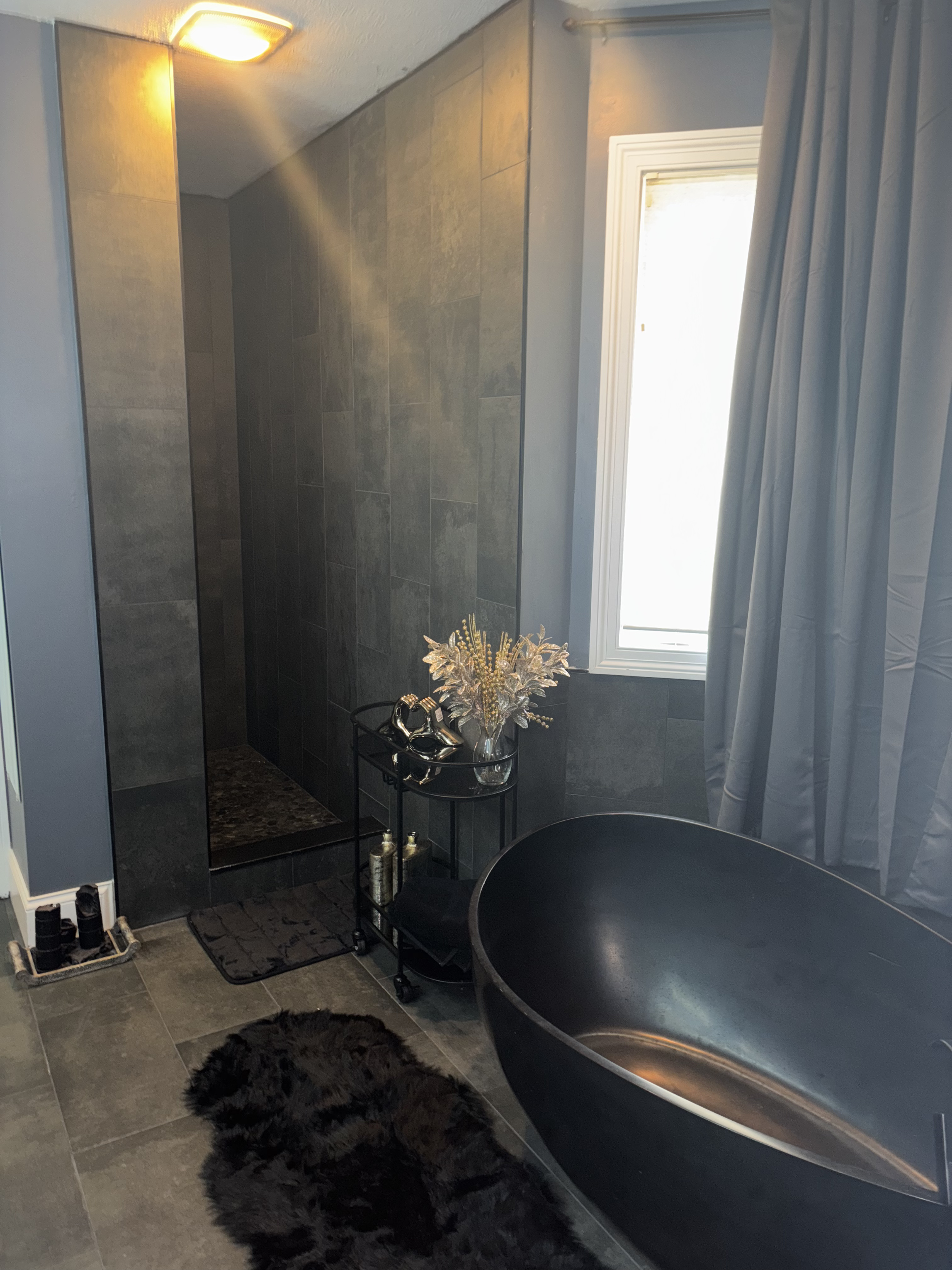 luxury walk in tile shower Dayton Ohio dark modern bathroom remodel custom tile design