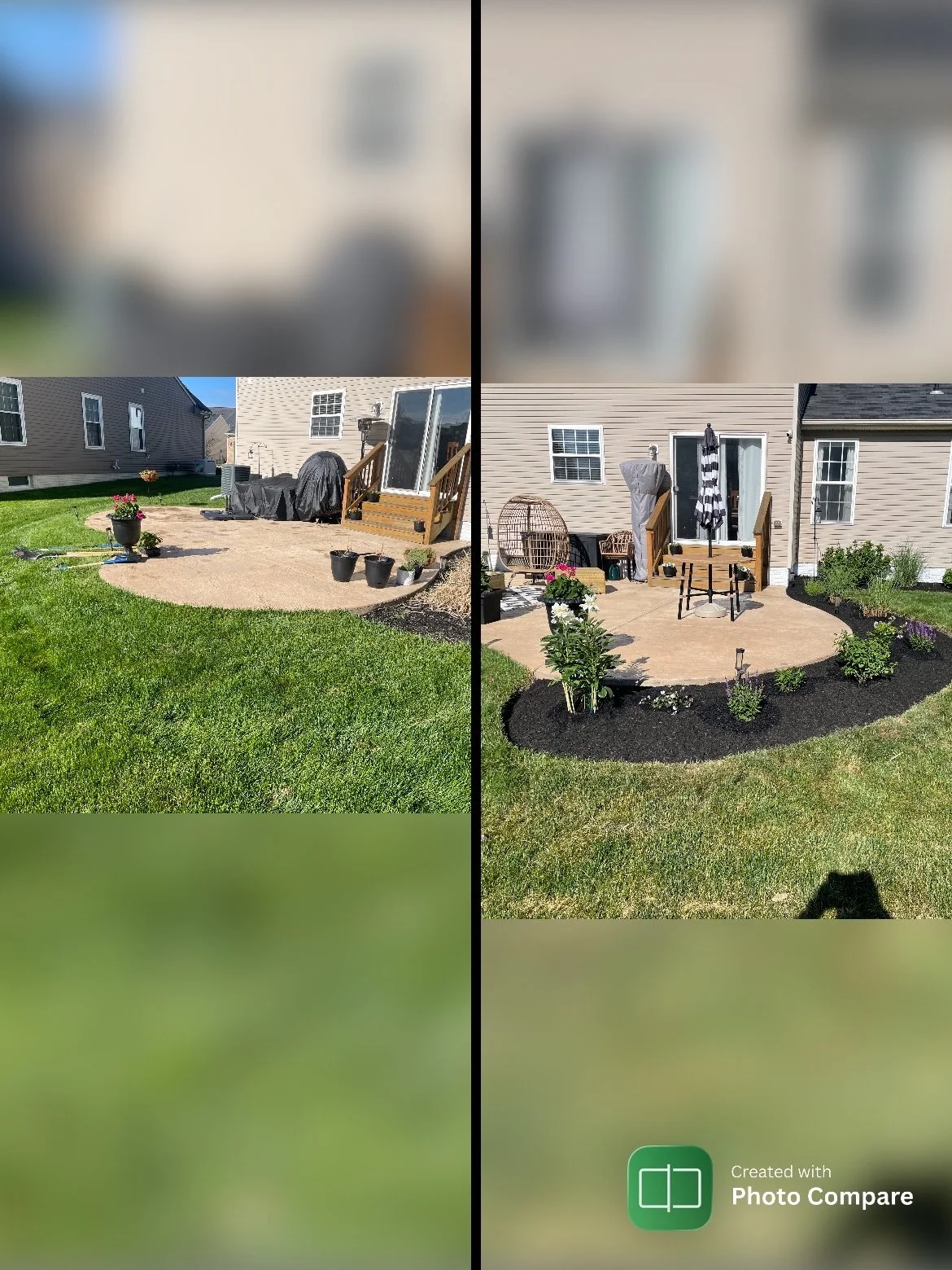 Comparison of two images showing the same backyard patio area before and after landscaping and decoration; the 'before' image on the left shows unadorned patio with some black buckets, while the 'after' image on the right shows the same patio with ad