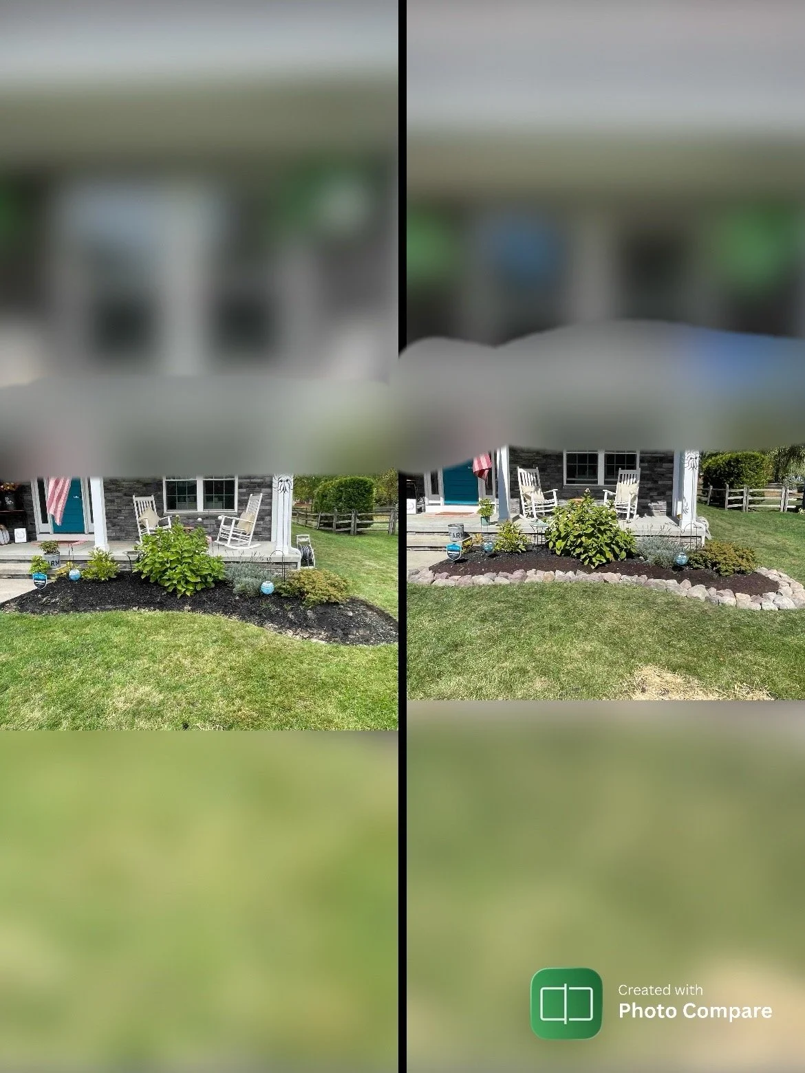 Comparison of a house front yard before and after landscaping with a flower bed, bushes, and decorative stones, with a porch, chairs, and American flags.