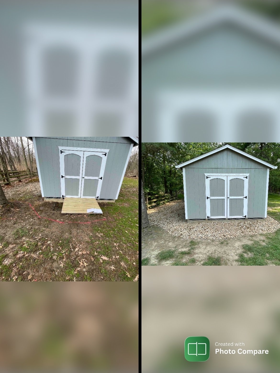 Comparison of a small storage shed before and after paint, with the left images showing the shed unpainted and the right images showing it painted gray with white trim in a backyard.