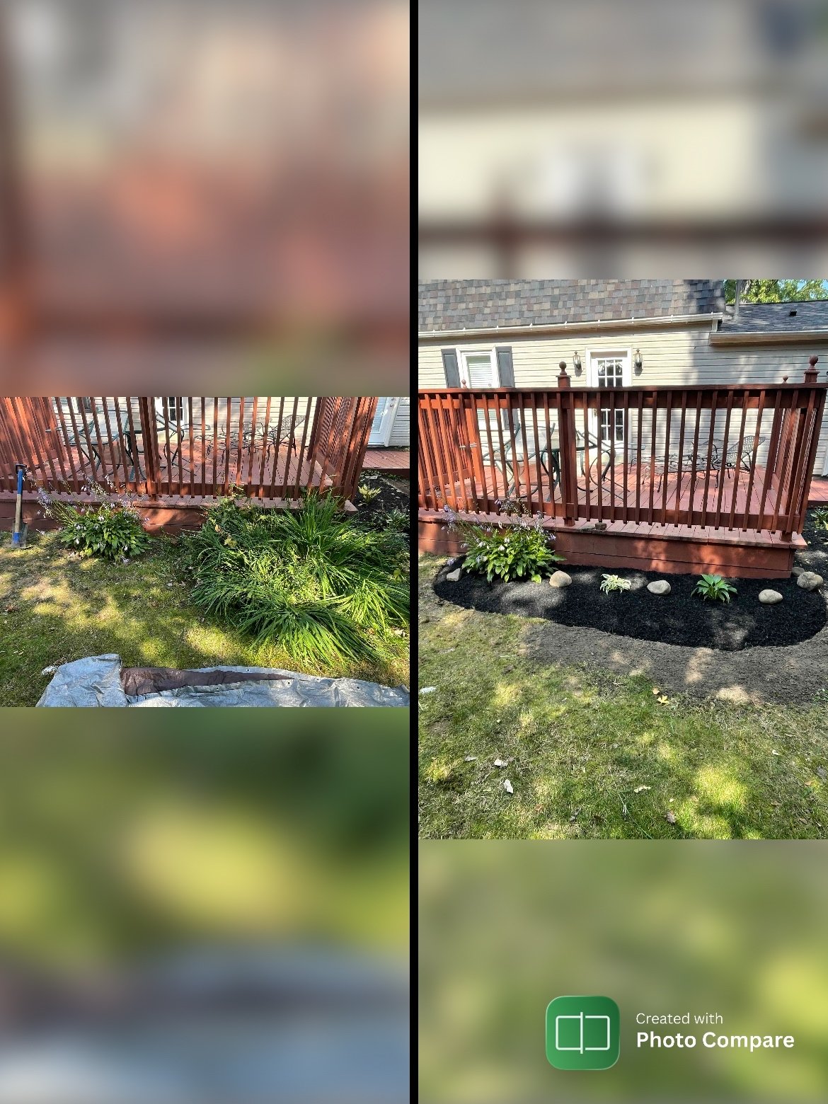 Side-by-side comparison of a backyard deck area: before and after renovation. The left side shows the old deck with a simple railing, some garden plants, and a tarp on the ground. The right side shows the same deck with a new wooden railing and black