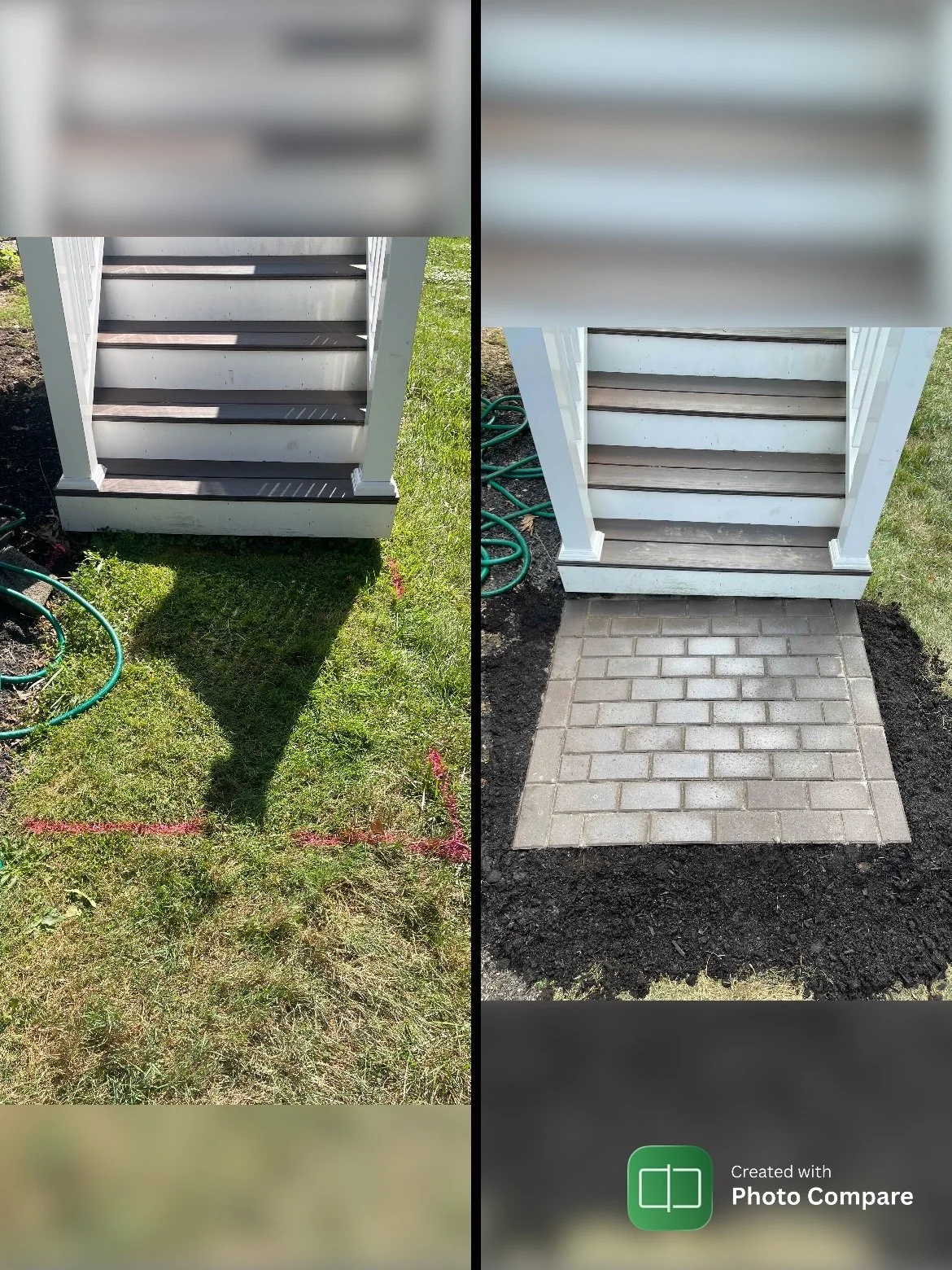 Comparison of front steps before and after renovation: the left side shows old wooden stairs on grass, and the right side shows newly paved brick stairs on a paved pathway with soil around.