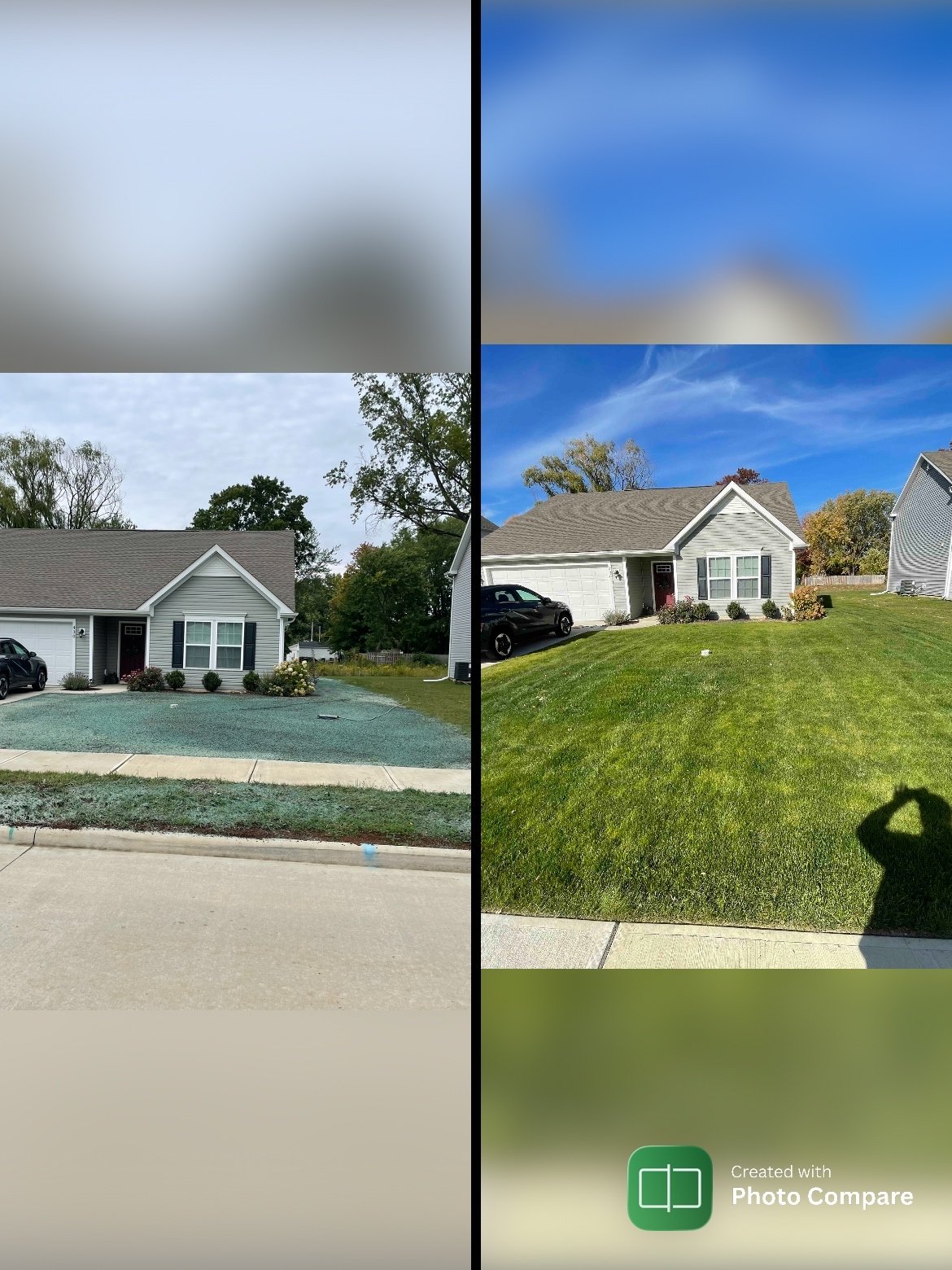 Comparison of two suburban house yards. The left side shows a house with a front yard with a patchy green and black surface, and the right side features a house with a lush, well-maintained green lawn under a blue sky.