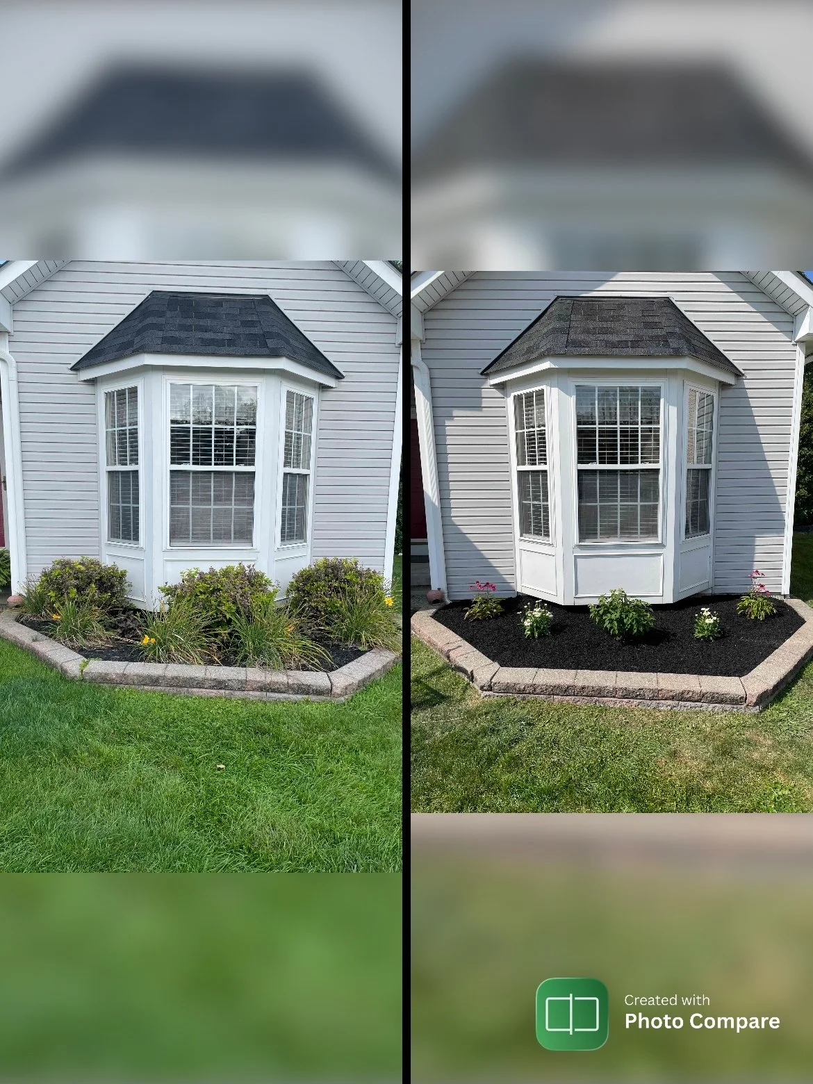 Comparison of a house's front garden before and after landscaping; the before image shows a plant-filled bed with a brick border and some green foliage, the after image shows a freshly mulched garden bed with newly planted flowers and no existing pla