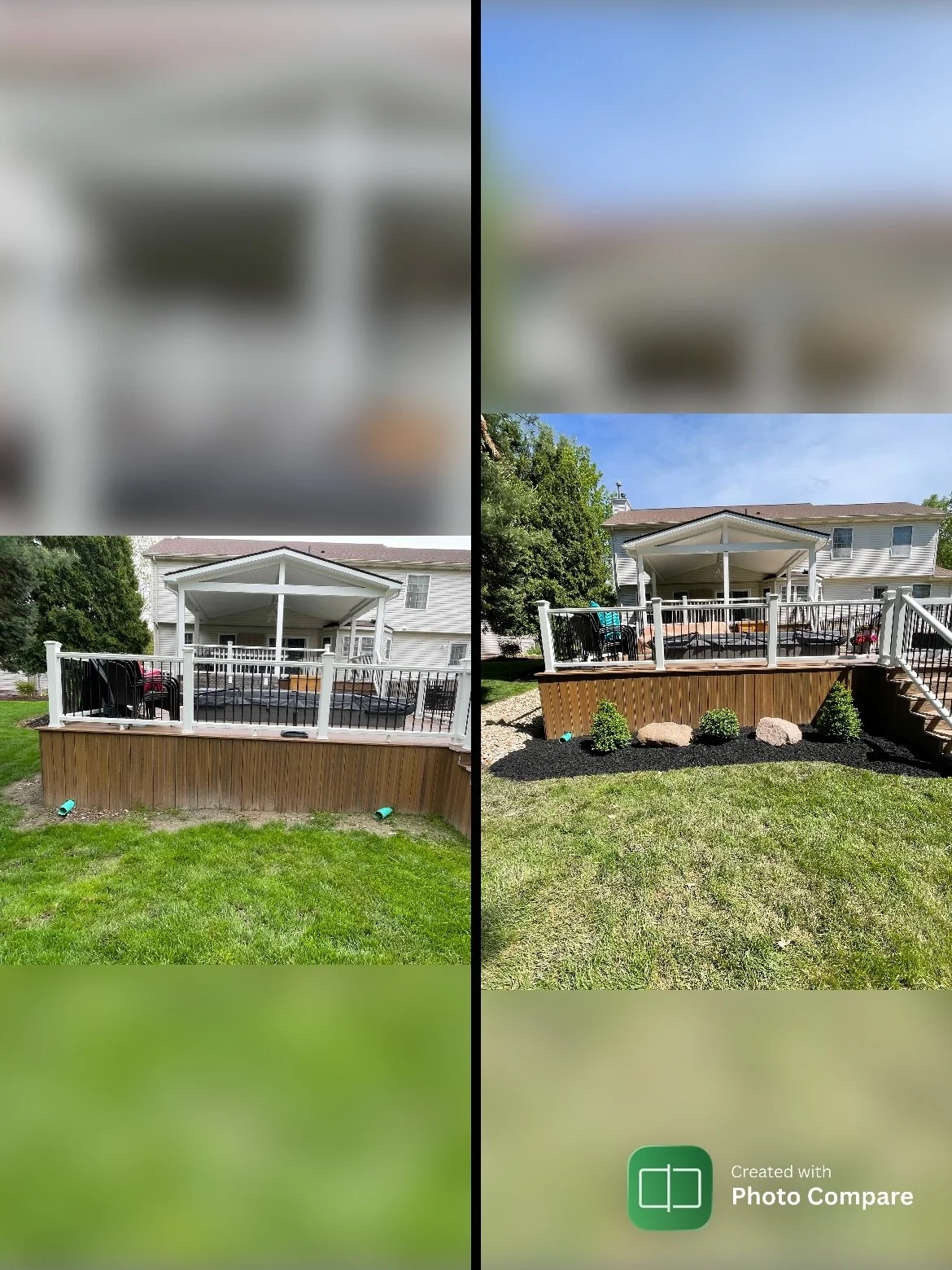 Side-by-side comparison of a backyard deck before and after landscaping. The left side shows the deck with minimal landscaping, while the right side shows the deck with added plants, decorative rocks, and fresh mulch. The house in the background is w