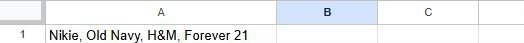 Spreadsheet showing brand names "Nikie, Old Navy, H&M, Forever 21" in cell A1.