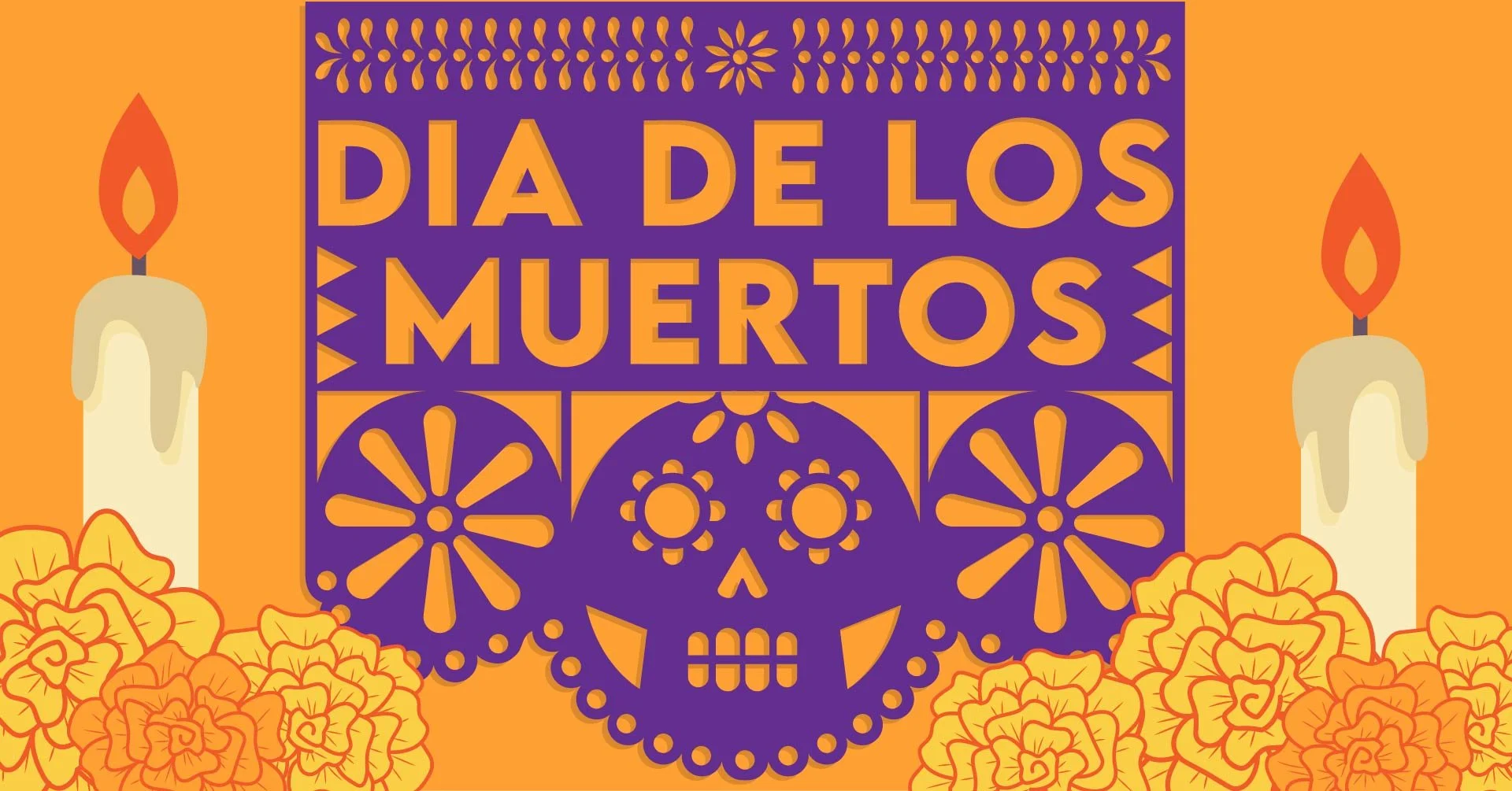 Dia de los Muertos banner with colorful skull, marigolds, and candles