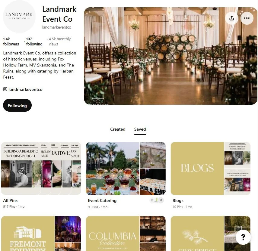 Pinterest profile for Landmark Event Co. showcasing event-related pins, including wedding planning, venues, and event catering images and ideas.