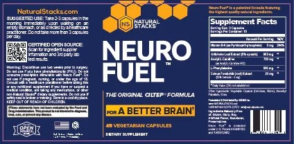 Neuro Fuel dietary supplement label from Natural Stacks; includes product description, suggested use, supplement facts, ingredient details, and branding elements.