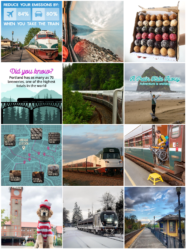 Collage related to train travel and Portland, Oregon. Includes images of trains, scenic views from train journeys, a map of chocolate shops in Portland, a person with a bike near a train, and a dog dressed for winter. Text highlights environmental benefits of travel by train and Portland's brewery count.
