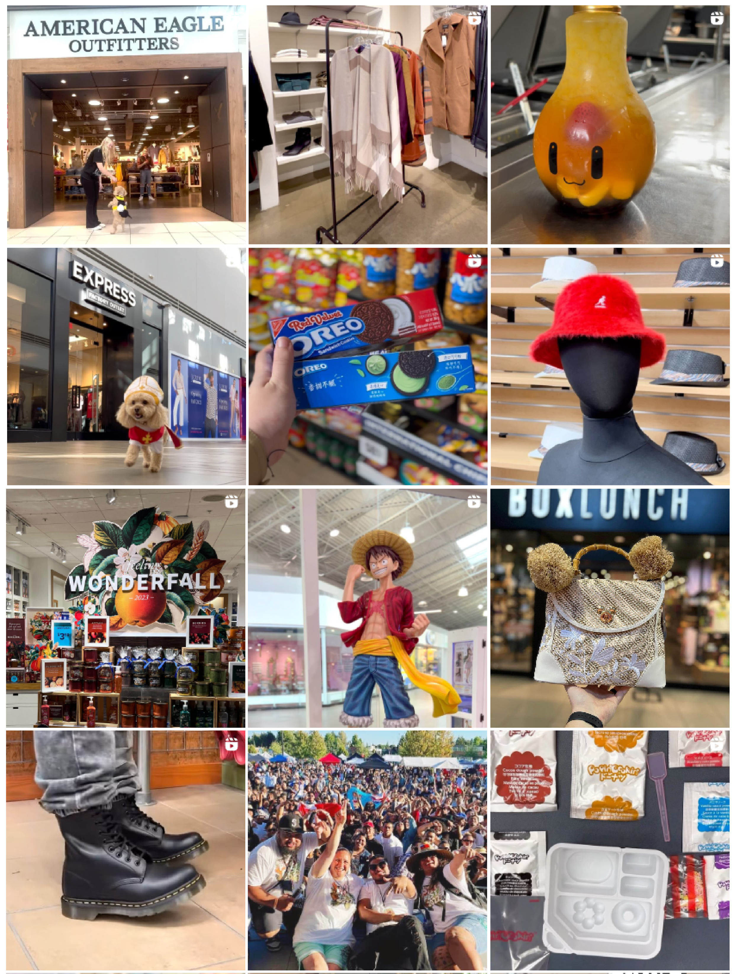 Collage of images showcasing various retail settings and items, including American Eagle and Express storefronts, clothing racks, a drink bottle, Oreo packaging, a red hat on a mannequin, a Wonderfall display, a figurine, boots, a crowd at an event, and packaged food items.