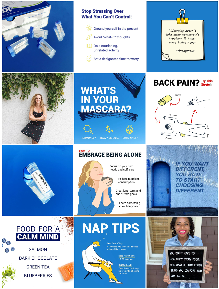 Collage with lifestyle tips, including stress management, mascara content inquiry, back pain stretch, and embracing being alone. Contains images of test tubes, a woman with a letterboard, and various text tips on mental health and self-care. Also features a section on foods for a calm mind and nap tips for better health.