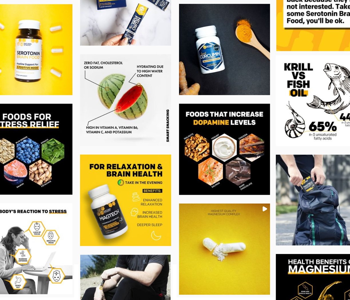 Collage of various health supplements and food benefits; includes serotonin brain food, curcumin supplement, magnesium benefits, krill vs fish oil, foods for stress relief and dopamine increase, and a woman showing reactions to stress.